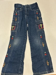 Vintage Route 66 Cargo Jeans Girls 8 Embroidered Peace Butterfly Flower School - Picture 1 of 3
