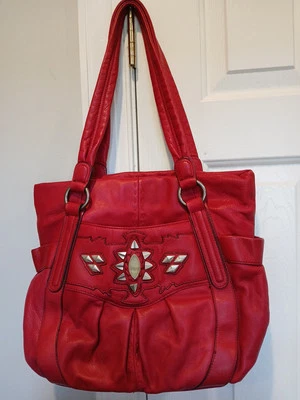 Bolso de Hombro B. Makowsky Cuero Rojo Raro Único Western Metal Piedra Detalles Foto 1 de 4