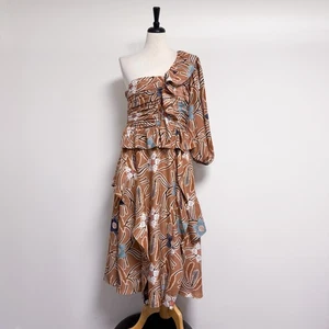 Ulla Johnson Kupfer Braun Elfenbein Blumen Mariam One Shoulder Seide Midikleid 12 - Bild 1 von 13