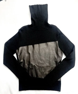 DKNY Black Vintage Ribbed Knit + Leather Turtleneck Sweater Wool + Leather L - Image 1 of 4