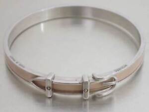 Auth HERMES Belt Motif Bangle Bracelet Silver/Light Beige Metal/Leather e54021a