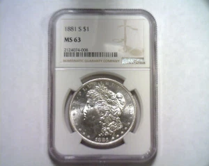 1881-S MORGAN SILVER DOLLAR NGC MS63 BELLA MONETA ORIGINALE BOBS COIN SPEDIZIONE VELOCE - Foto 1 di 4