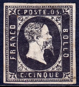 SARDINIA — SCOTT 1a — 1851 5c BLACK — MH/FAULTS — RAYBAUDI CERT. — SCV $13,000 - Picture 1 of 3