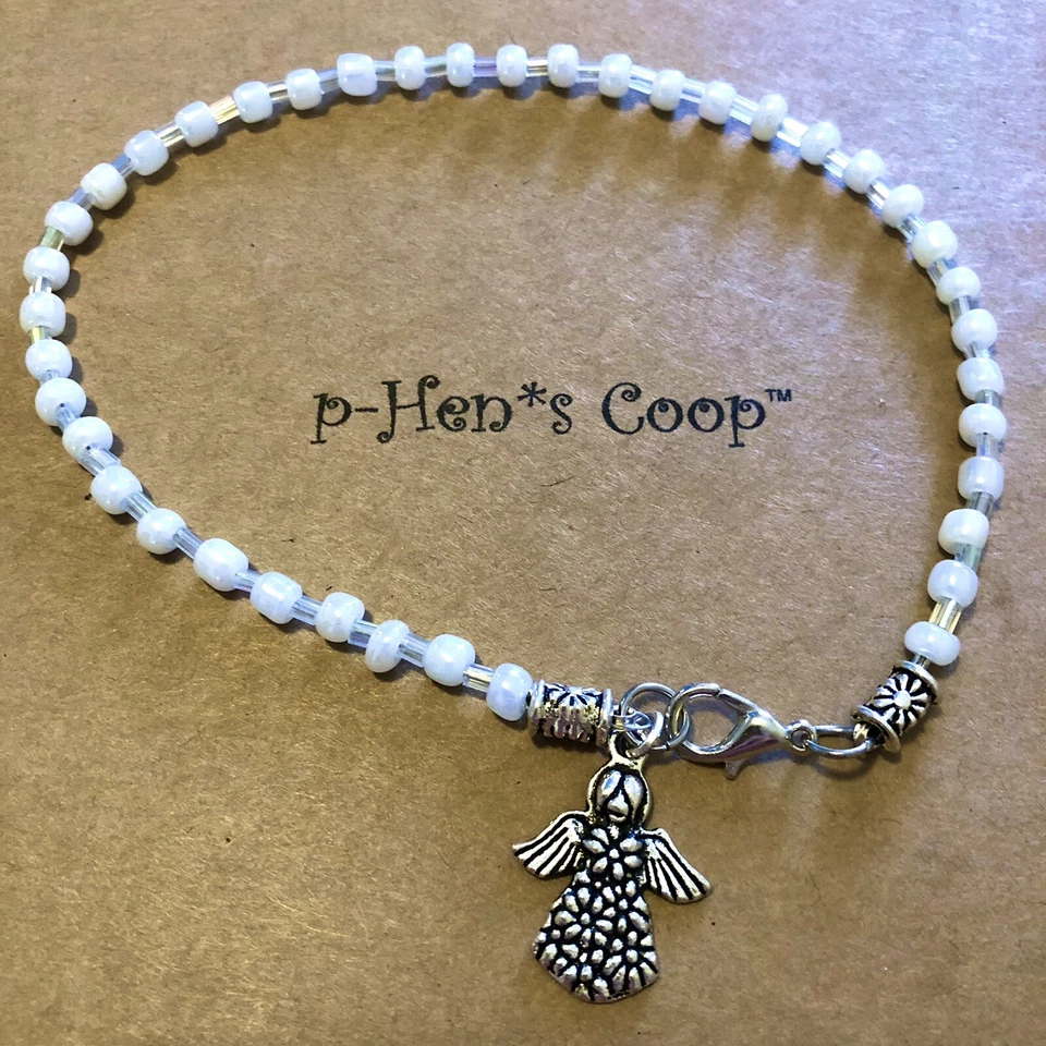 Tornozeleira anjo frisado com contas brancas perolizadas 9,5 polegadas artesanal feita à mão EUA 1770 - Imagem 1 de 3