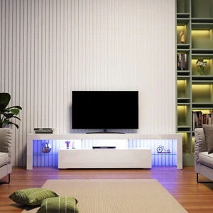 TV Cabinet White Entertainment Unit Wooden LED Lowline Media Storage Shelf 200cm - Picture 1 of 13