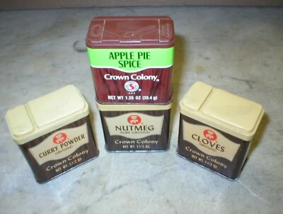 4 - Crown Colony Spice Can Tins Dated 1974-1987 Nutmeg Cloves Curry Apple Pie - Image 1 of 4