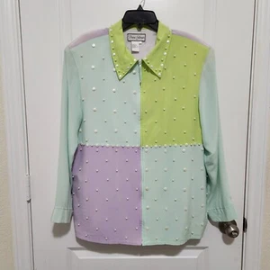 Vtg Diane Gilman Women's L Pastel Colorblock Beaded Full Zip Jacket Shoulder Pad - Picture 1 of 12