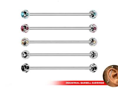 Multi Gem Industrial Barbell Earrings, Helix Bar, Cartilage Piercing Jewelry - Image 1 of 4