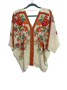 rose & olive beige with orange flowers poncho quarter sleeves v neck S - Picture 1 of 5
