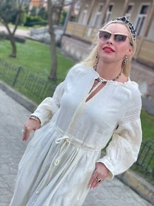 White Linen Maxi Dress with Embroidery – Boho Style – Flax 1st Grade – Sizes UA - Picture 1 of 11