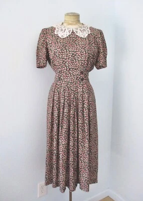 Vestido De Colección Años 80 90 Rosa Negro Ditsy Floral Cottagecore Rayón Té Perla Encaje 10P Foto 1 de 4