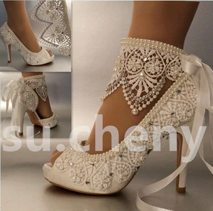 Zapatos de novia su.cheny 3"" 4"" tacón satén blanco marfil encaje tobilla puntera abierta boda zapatos de novia - Imagen 1 de 12