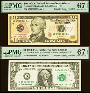 2004A $10 & 1993 $1 FRN PMG 67EPQ - Repeater Serial Number 88008800 - 00880088 - Picture 1 of 7