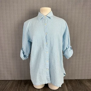 Pendleton Seersucker Button Up Shirt Women Sz L Blue Stripe Long Sleeve Roll Up - Picture 1 of 10