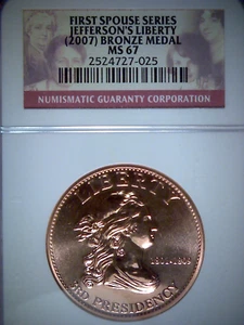 2007 FIRST SPOUSE SERIES, JEFFERSON'S LIBERTY, BRONZE MEDAL NGC MS 67 - Picture 1 of 5