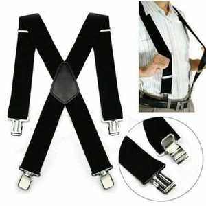 Mens Braces Suspenders Black 35mm X Back Heavy Duty Biker Snowboard Trousers - Picture 1 of 6
