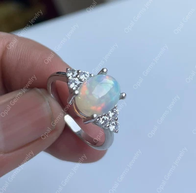 2Ct Natural Opal Ring Oval Cut Fire Opal Women Ring 14K White Gold Plated - Image 1 of 4