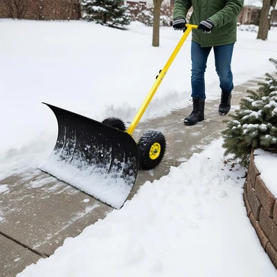 Heavy Duty Snow Shovel with Wheels Wheeled Snow Pusher Rolling Snow Removal Tool - Image 1 of 4
