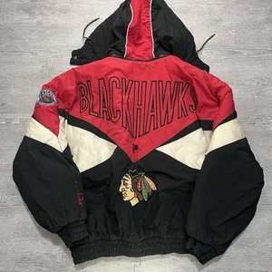 Vintage Pro Player Chicago Blackhawks NHL Jacket XL Hooded Puffer Western Patch - Picture 1 of 4