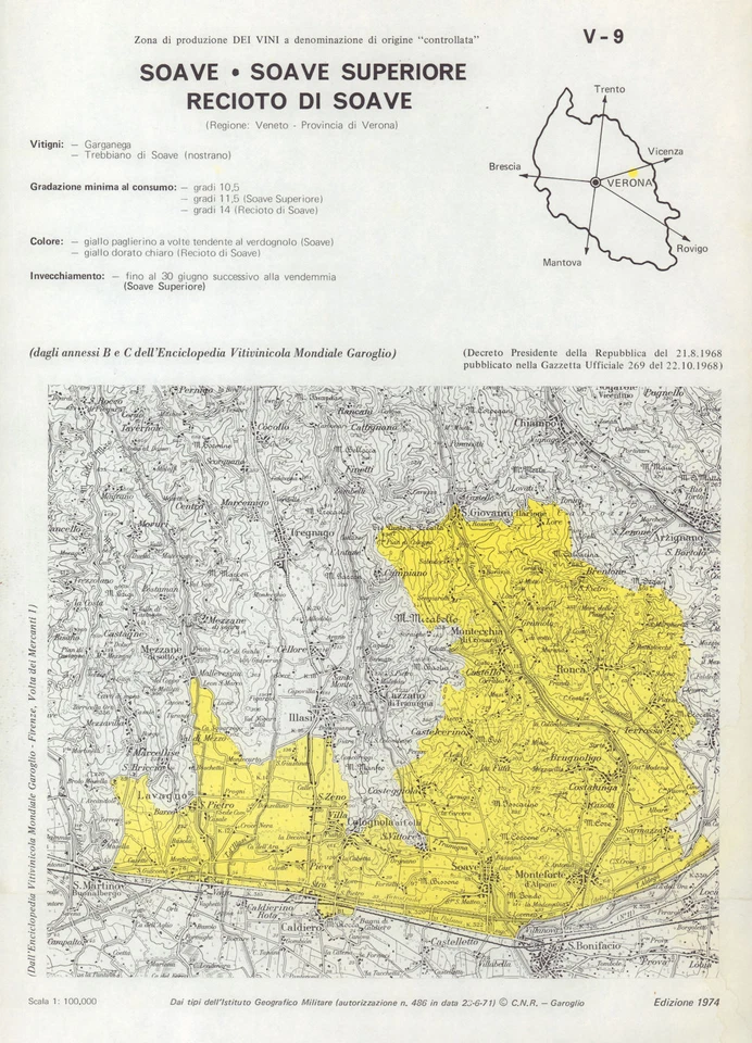 Italy wine. Soave Soave Superiore Recioto di Soave DOC. Veneto. Verona 1976 map — 第 1/1 张图片