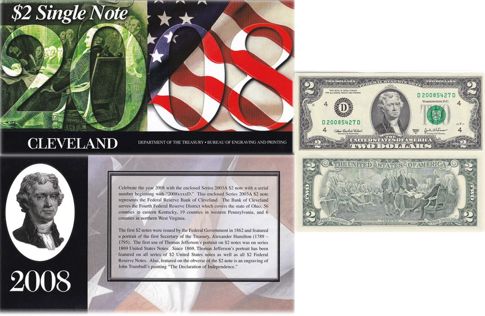 2003A $2 Bill 2008 BEP Portfolio Issue Cleveland District Serial #D20085427D - Image 1 of 1