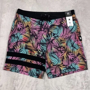 Pantalones Cortos Hurley Board Para Hombres 32 Cintura Negros Coloridas Hojas Flores Surf Natación NUEVO - Imagen 1 de 12