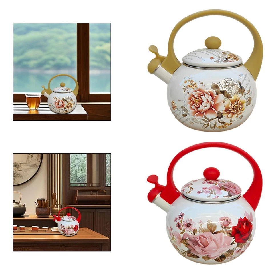 Floral Enamel Pot Chinese Water Boiling Jar Sturdy with Lid 2.2L Enamel Teapot - Image 1 of 1