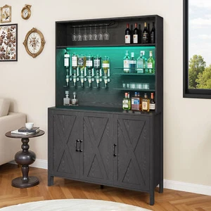 Poruace Bar Cabinets w/ LED Light Glass Holder Tall Liquor for Kitchen Home - Picture 1 of 12