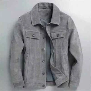 Men's Shirt Trucker Denim Genuine Lambskin Suede Leather Jacket - Imagen 1 de 5