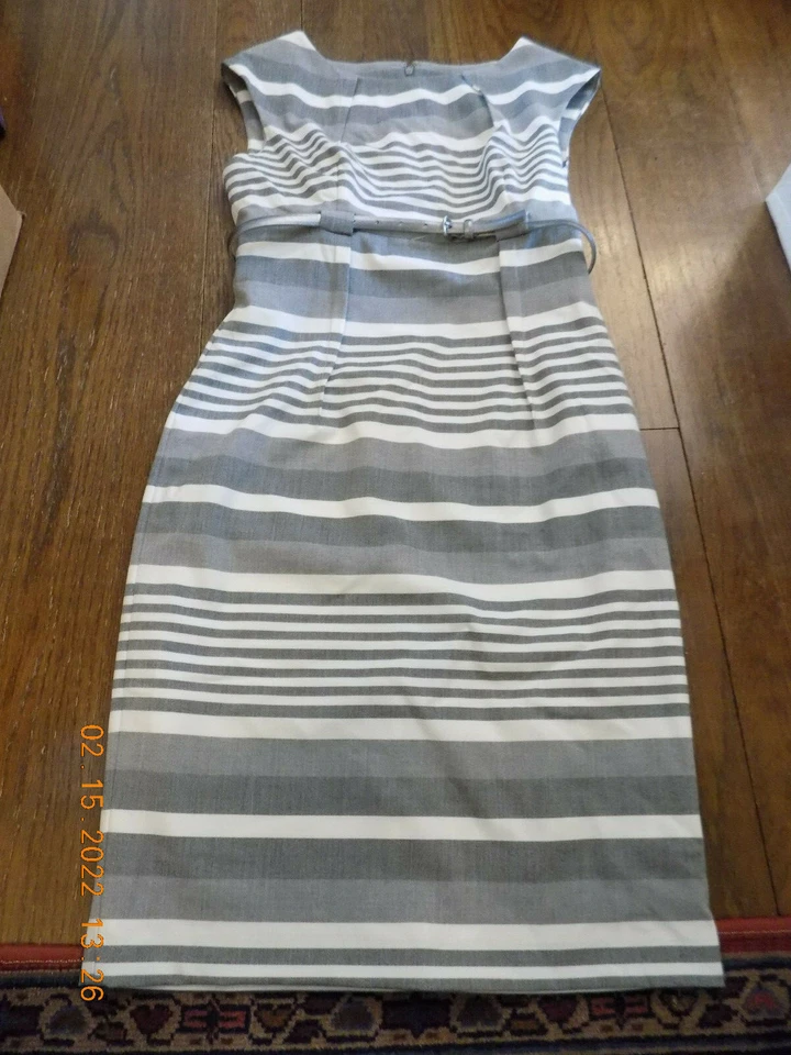 Vestido Dana Buchman Elegante Gris Blanco Rayas Metálico Ajustado Cinturón Dardo Usado en Excelente Condición 6 Foto 1 de 4