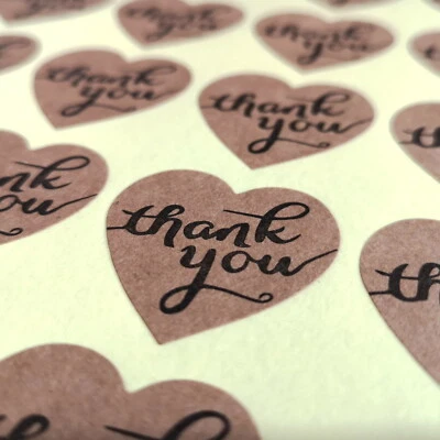 ICEBLUEUK Thank You Stickers x100 Large 35mm Hearts on High Quality Textured Kraft Paper