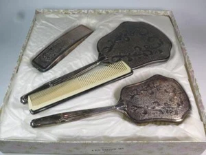 VINTAGE DELINA Dressing Table Vanity Set Silver Plated Art Nouveau Pattern - Picture 1 of 6