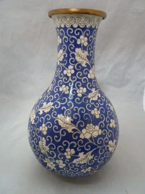 Antique 19th Century CHINESE  Cloisonne Vase Chinese  BLUE AND WHITE  9.5 "  T  - Image 1 of 4