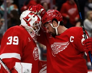 Foto de la NHL Cam Talbot & Dylan Larkin Win Celebration Detroit Red Wings 8x10 - Imagen 1 de 1