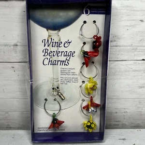 Vintage Stemmed Wine Beverage Glass Bright Color Flowers Drink Charms Set of 6 - Picture 1 of 9