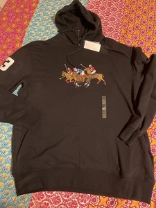 Polo Ralph Lauren Triple Pony Equestrian Fleece Hoodie Mens Sz XLT Black - Picture 1 of 5