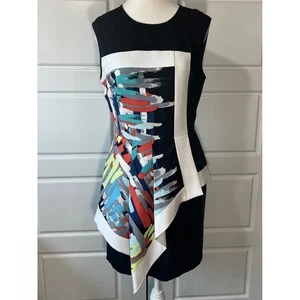 Vestido asimétrico estampado abstracto BCBGMAXAZRIA sin mangas negro blanco talla 8 - Imagen 1 de 10