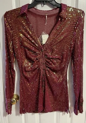 Free People Blouse Women M Burgundy Sequin Shimmery Ruched Long Sleeve Buttonup - Image 1 of 3