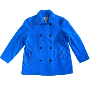 L.L. Bean Womens Fleece Pea Coat Jacket Blue Double Breasted Size Large Petite - Picture 1 of 10