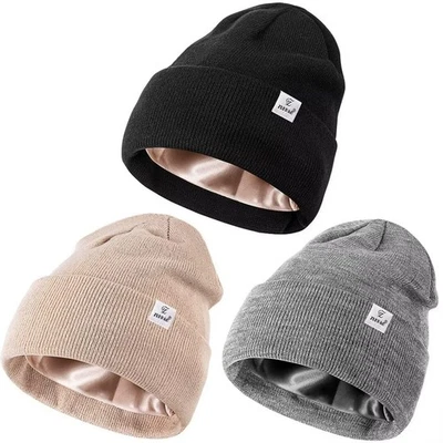 Paquete de 3 gorros de invierno forrados de satén para mujer hombre, gorros forrados de seda para mujer... Foto 1 de 4