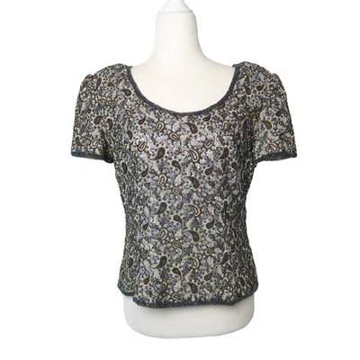 Top vintage años 90 Adrianna Papell plata gris y azul paisley cuentas 12P Foto 1 de 4