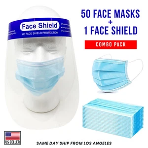 Combo Pack 50 Disposable Face Mask and 1 Face Shield Blue 3-Ply Mouth Nose Cover - Picture 1 of 5