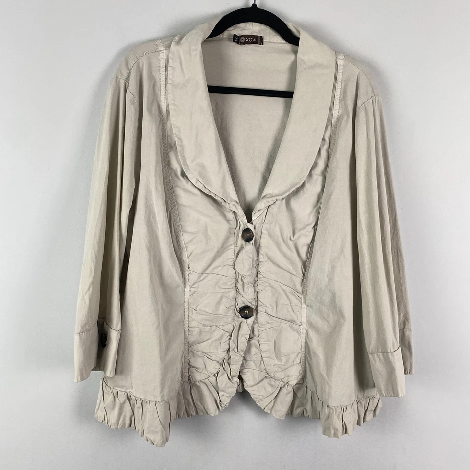 XCVI Ruffle Jacket Size 3X Beige 3/4 Sleeves Two-Button Cotton Stretch - Image 1 of 4