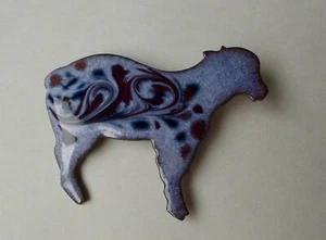HANDMADE Enamel on Copper SHEEP Pin Brooch Signed INGA- RED/LAVENDER COLORS - Picture 1 of 2