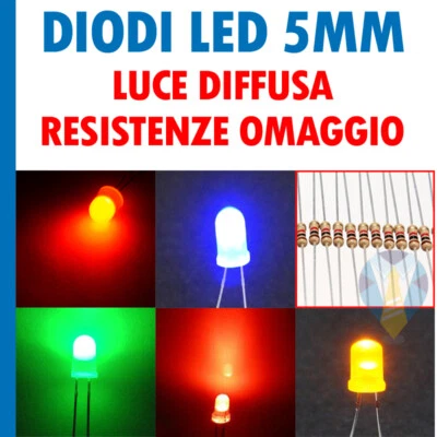 DIODI LED 5 mm LUCE DIFFUSA + RESISTENZE 12V BLU ROSSO VERDE GIALLO ARANCIO - Immagine 1 di 4