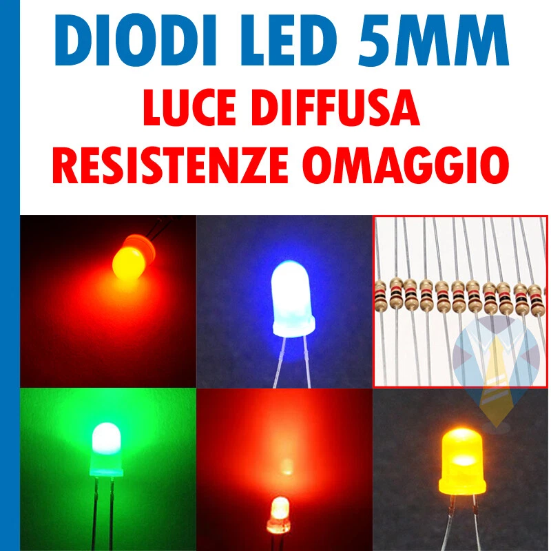 DIODI LED 5 mm LUCE DIFFUSA + RESISTENZE 12V BLU ROSSO VERDE GIALLO ARANCIO