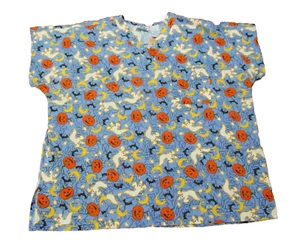 Womens Halloween Cat Ghost Moon Scrub Top 2XL JIT Scrubs Bat Jack o Lantern Nice - Picture 1 of 5