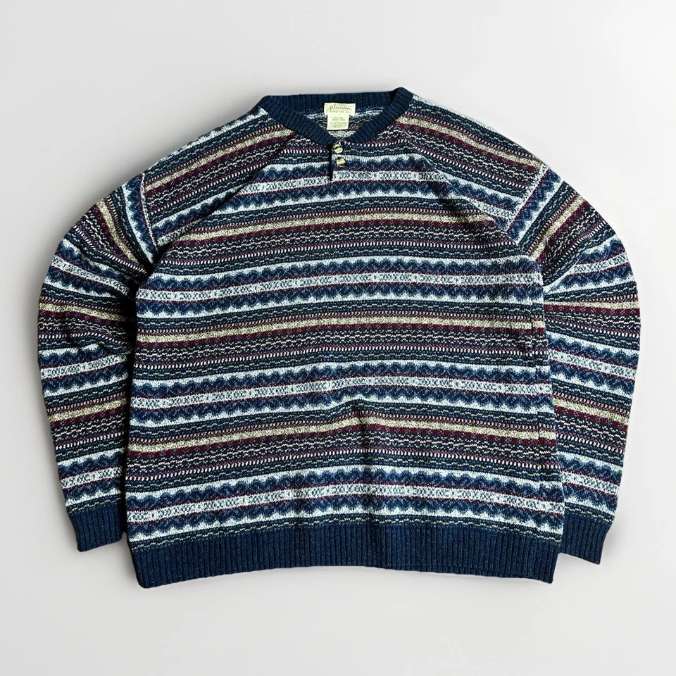 Vintage Fair Isle Nordic Sweater Mens Large Tall St Johns Bay Henley Button USA - Image 1 of 4