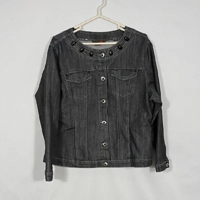 Chaqueta de Jean Ashley Stewart Y2K Usada en Excelente Condición para Mujer Talla 16W Negra Denim Borde de Estrás Foto 1 de 4