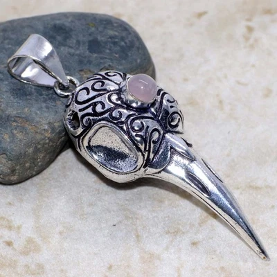 Colgante Calavera Pájaro Cuarzo Rosa Chapado en Plata 925 2.5" Único Regalo GW Foto 1 de 3